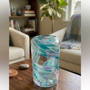 Vintage Hand-Blown Art Glass Cylinder Vase – Swirling Teal & Lavender